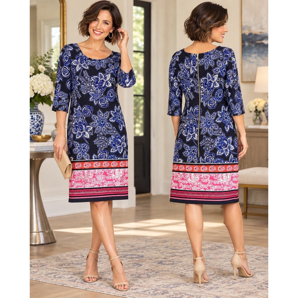 Eliza J Size 14 Navy Blue Floral Border Print Shift Dress 3/4 Sleeve